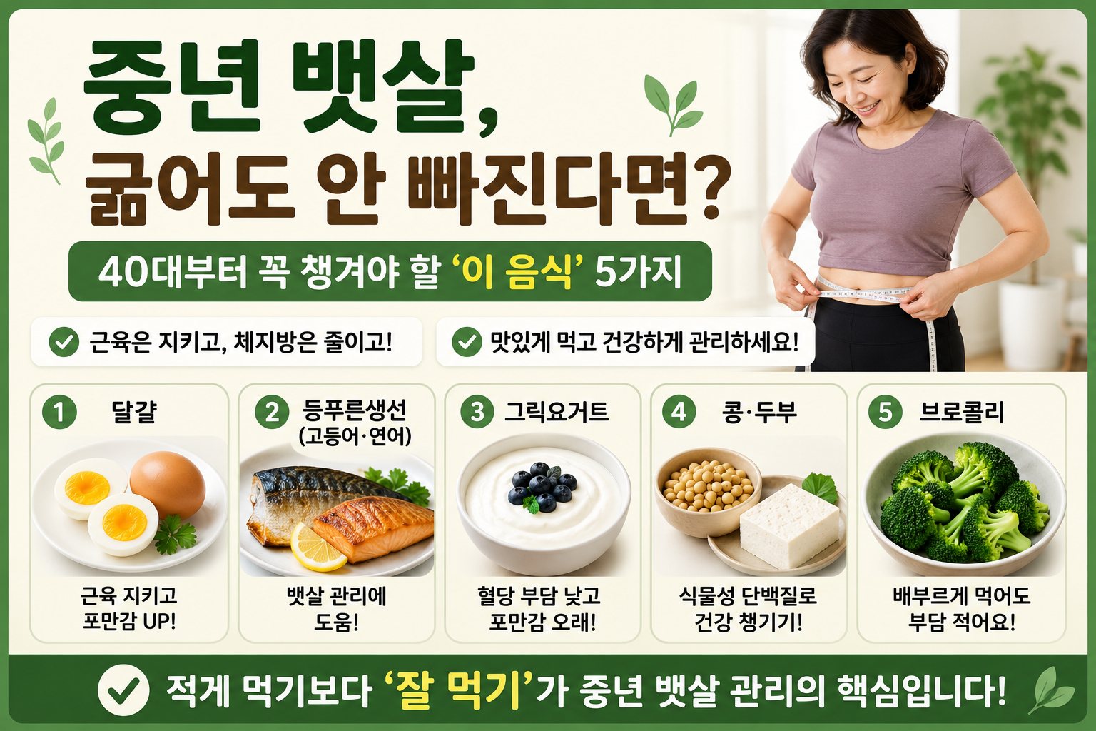 굶어도 안 빠지는 중년 뱃살, 40대부터 꼭 먹어야 할 음식 5가지
