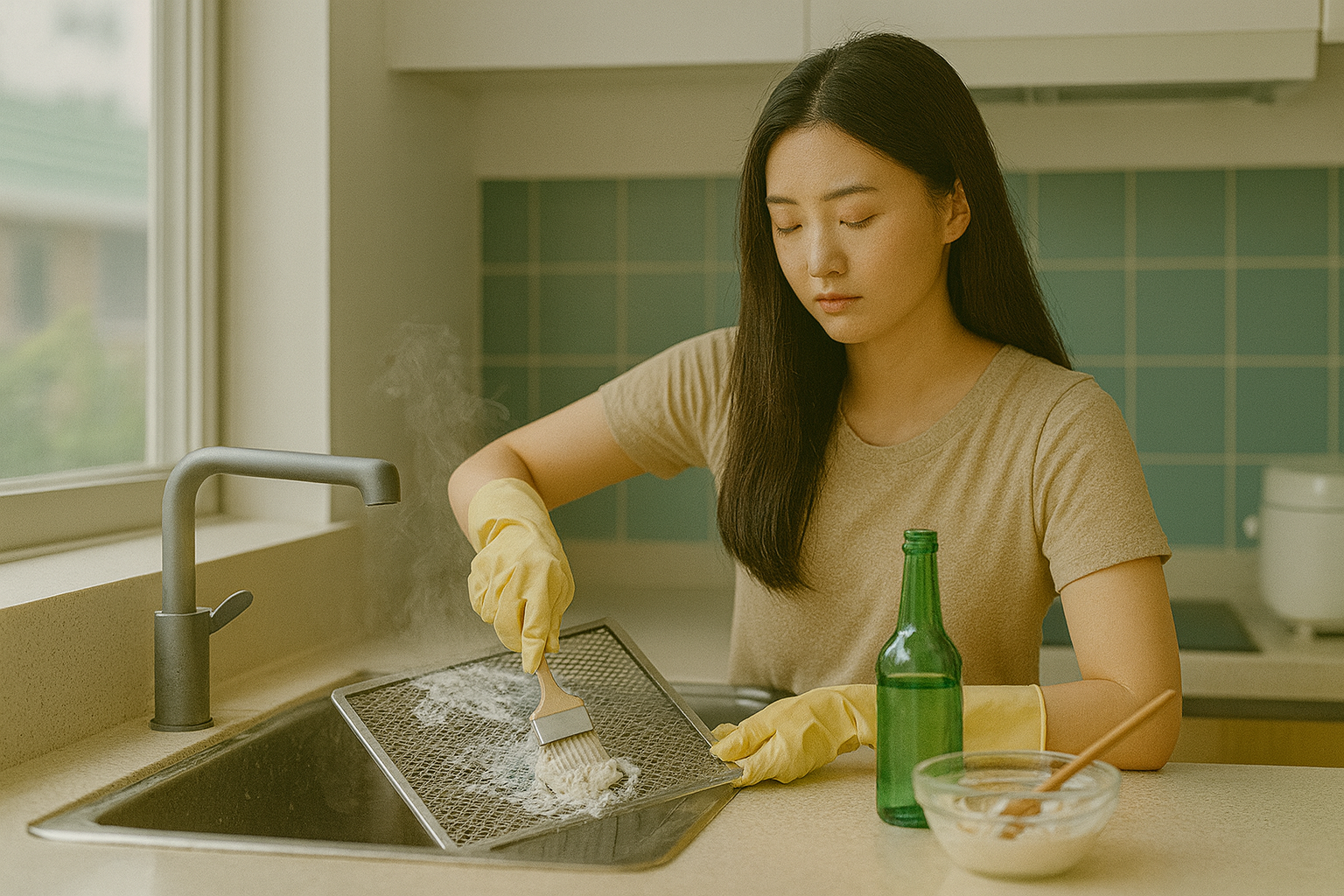 가스레인지 후드 청소법: 밀가루+소주 1:1 페이스트로 틈새 기름때 제거