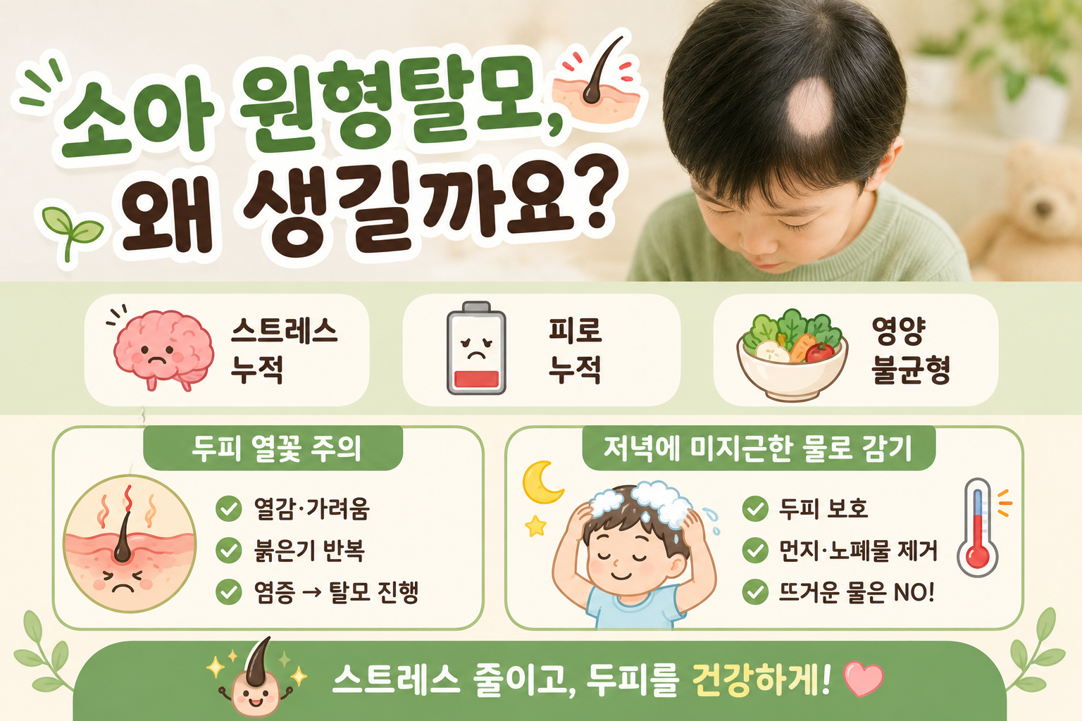 아이 머리에 동그란 탈모가? 소아 원형탈모 원인과 두피 열꽃 관리법