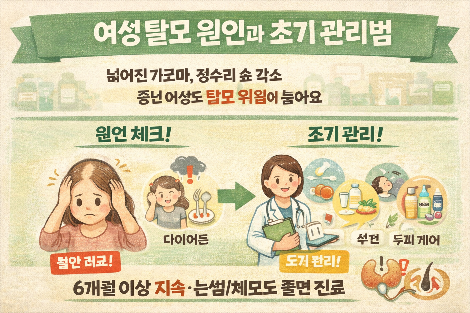 “여자도 대머리 된다?” 40~60대 가르마 넓어지는 여성형 탈모 원인 4가지(폐경·다이어트·스트레스·갑상선)