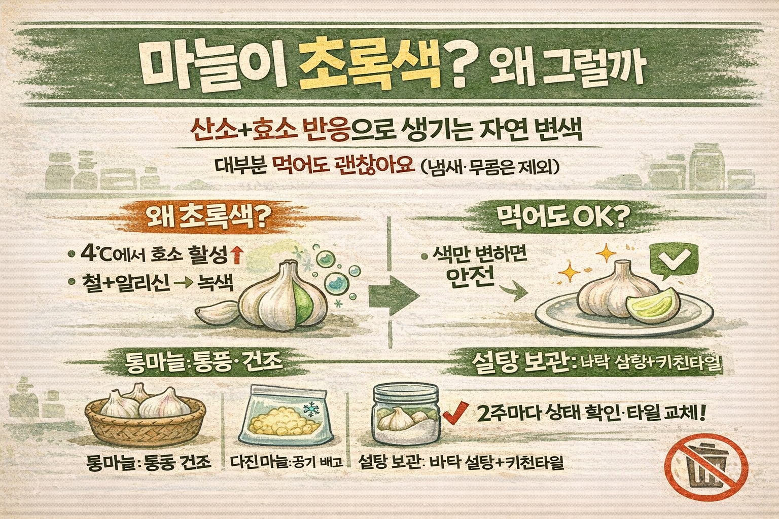 마늘이 초록색으로 변하는 이유, 먹어도 괜찮을까? 변질 구분법과 설탕으로 오래 보관하는 방법