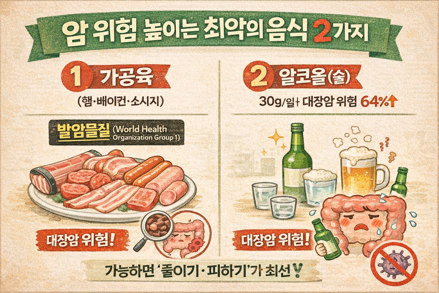 암 위험 높이는 최악의 음식 2가지: 가공육·알코올(대장암 연관 근거)