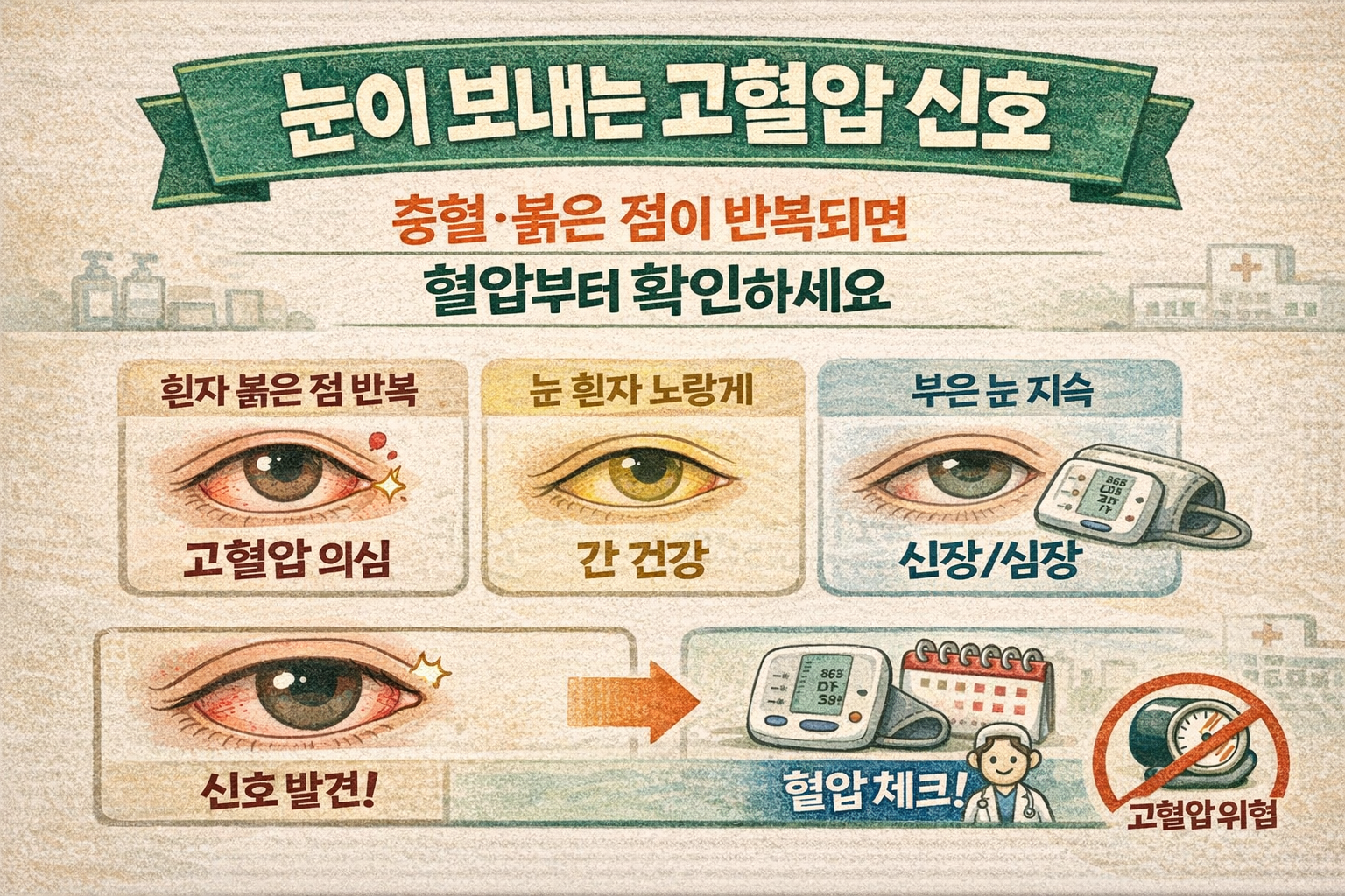 눈 흰자 ‘붉은 점’ 반복되면 고혈압 의심… 누런 흰자·비문증·부종까지 눈이 보내는 경고 5가지