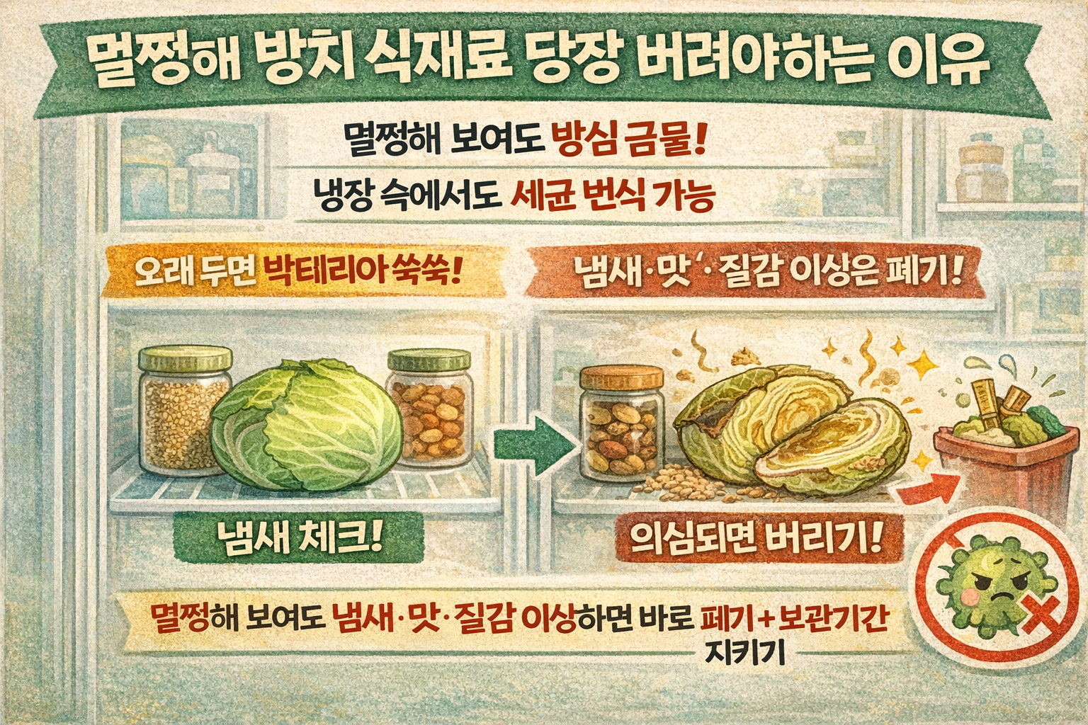 멀쩡해 보여도 위험! 냉장고 식재료 ‘이 냄새·변색’이면 바로 버려야 한다(양배추·깨·견과류)