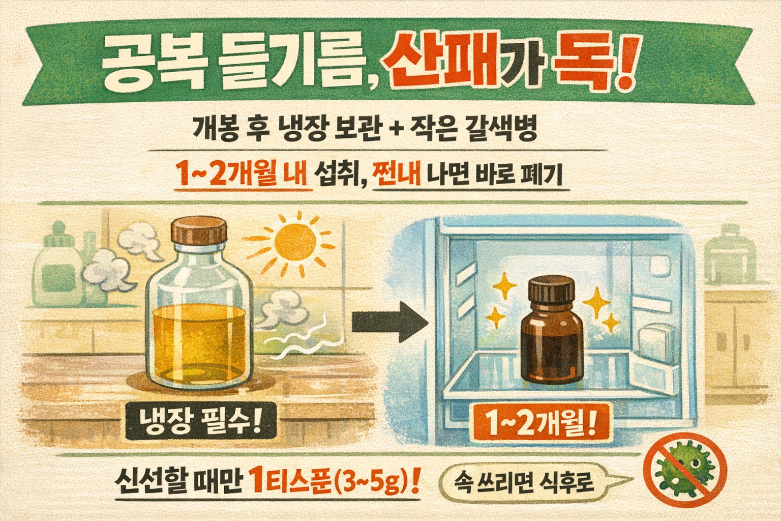 들기름 공복에 매일 먹기 전 꼭 확인: 산패된 들기름이 ‘독’ 되는 이유와 냉장 보관·소비기한 1~2개월
