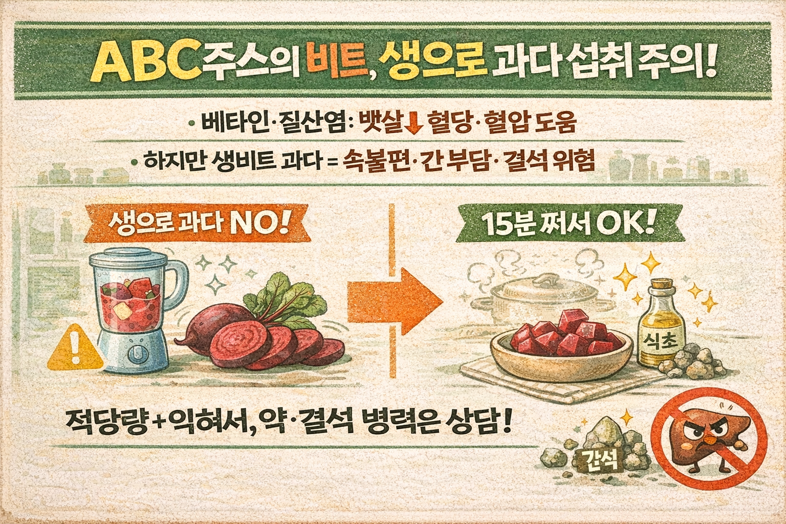 ABC주스 핵심 ‘비트’ 생으로 많이 먹으면 독? 뱃살·혈당 효능 vs 간 부담·결석 위험(안전 섭취법)