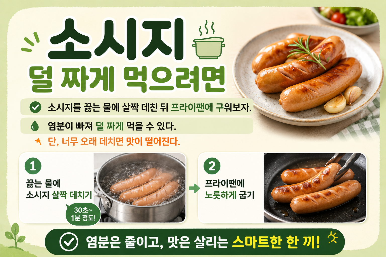 소시지 그냥 굽지 마세요, 살짝 데치면 덜 짜게 먹습니다
