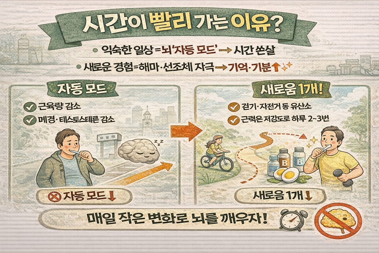 나이 들수록 시간이 빨라지는 이유: 뇌 ‘자동모드’ 끄고 시간 느리게 만드는 ‘새로운 경험’ 습관