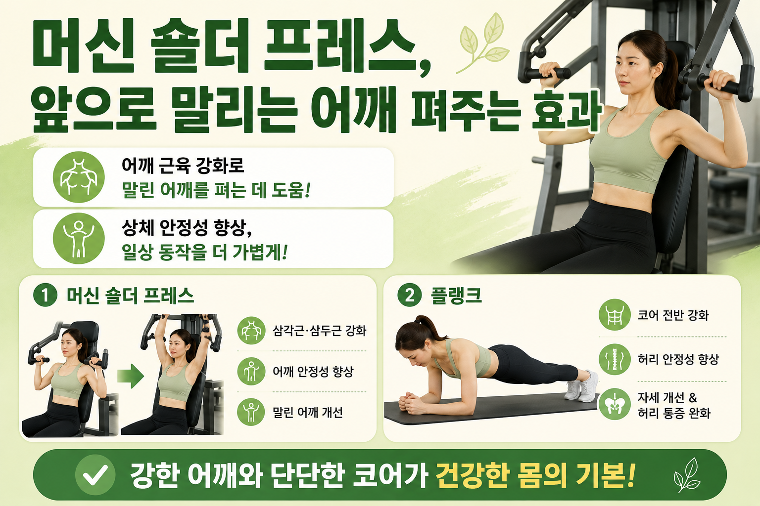 앞으로 말린 어깨 펴고 허리까지 잡는다? 머신 숄더 프레스와 플랭크 제대로 하는 법