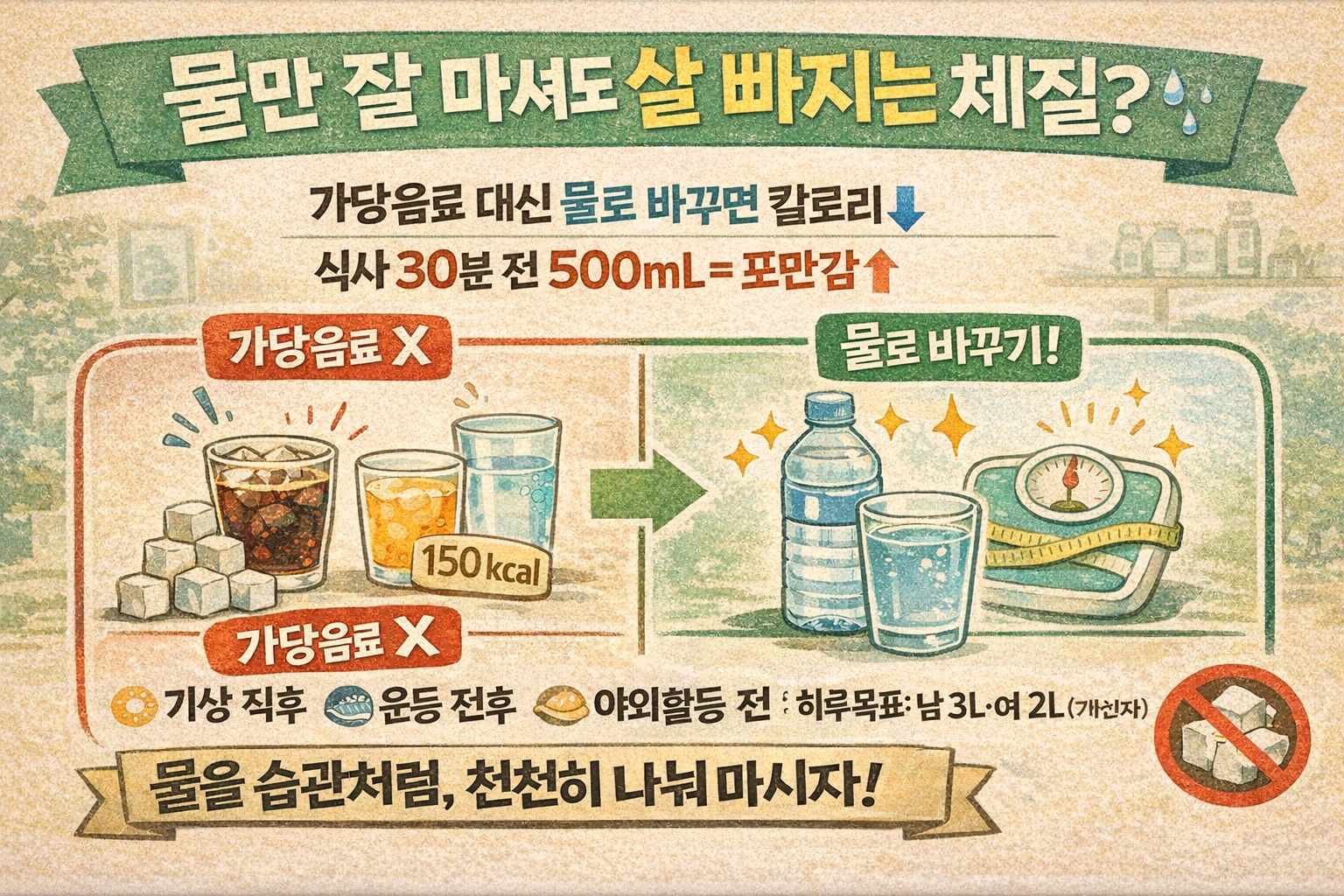 물만 ‘이렇게’ 마셔도 살 빠진다: 식사 30분 전 500mL+하루 2L ‘체중 내려가는 물 루틴’