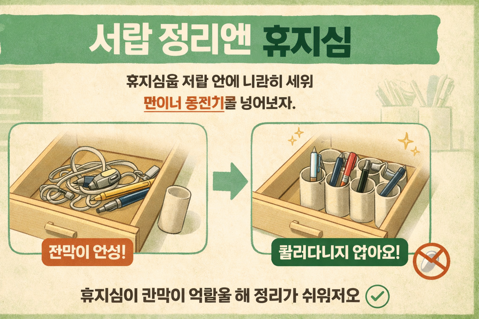 서랍 정리 꿀팁, 휴지심 하나면 펜·충전기 칸막이 끝