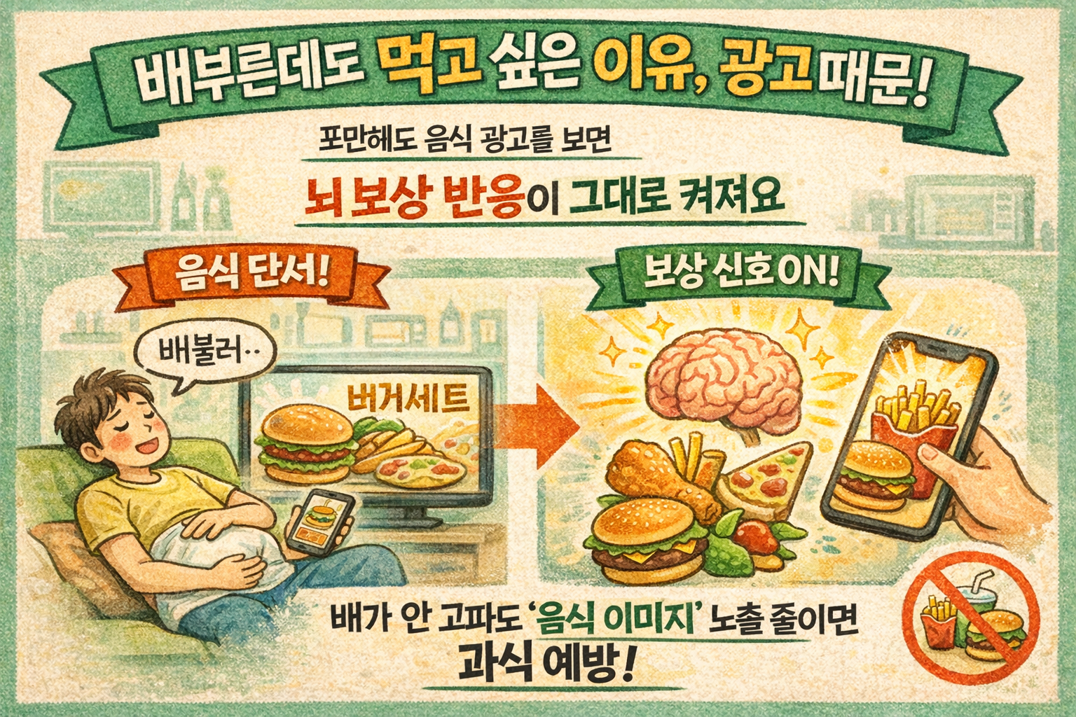 배부른데도 계속 먹고 싶다면? 음식 광고가 ‘뇌 보상신호’ 켠다… 과식 막는 5가지 습관