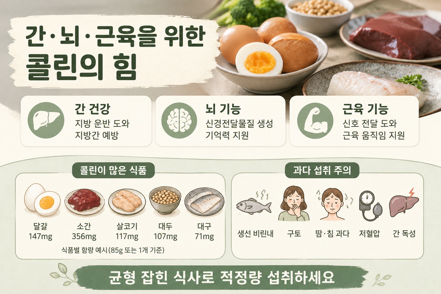 콜린 효능, 간·뇌·근육에 필요한 이유와 달걀 등 풍부한 음식