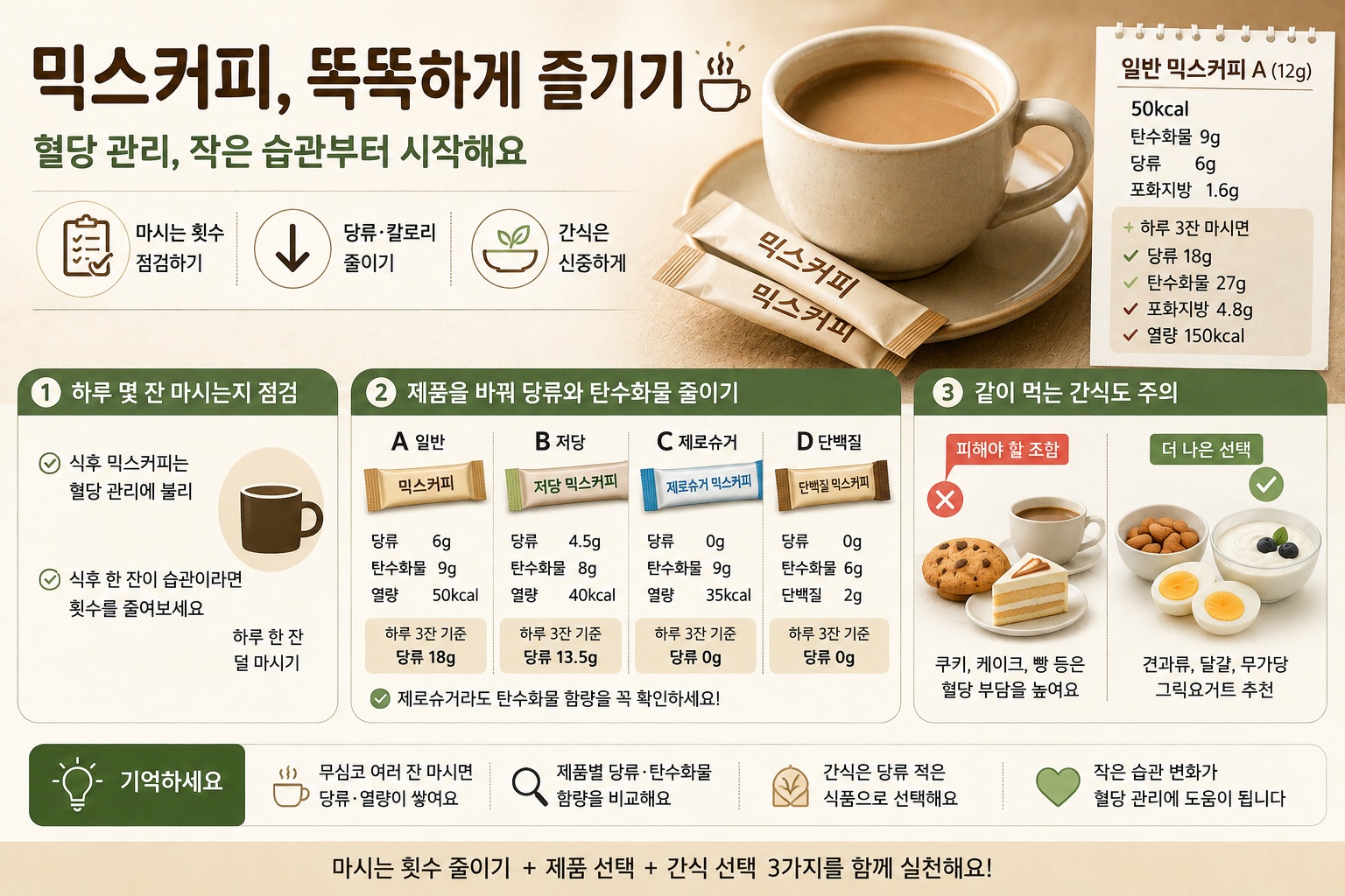 믹스커피 하루 3잔 괜찮을까? 혈당 관리할 때 당류·탄수화물 확인법
