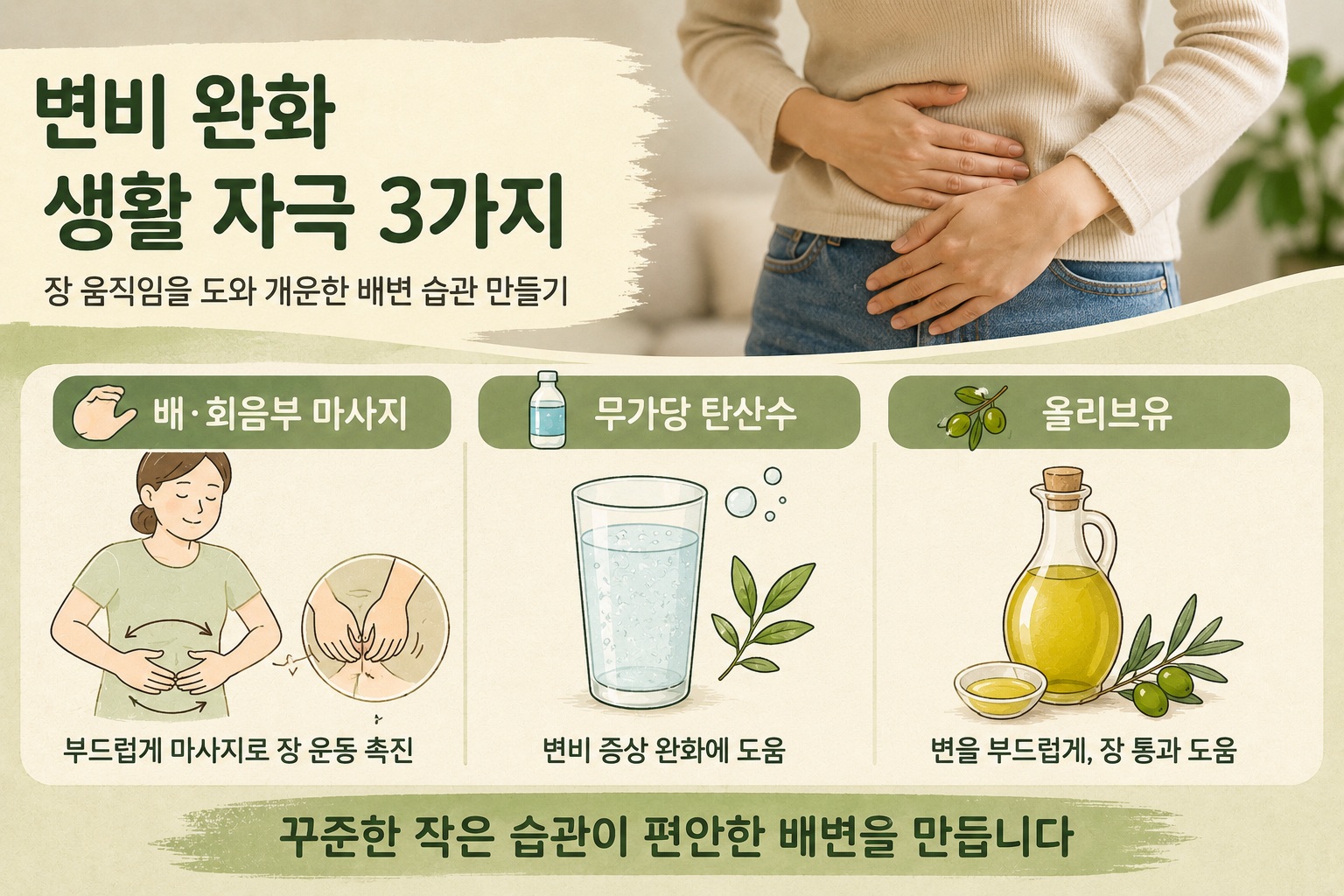 변비 해결 방법, 배 마사지·탄산수·올리브유가 배변에 도움 되는 이유