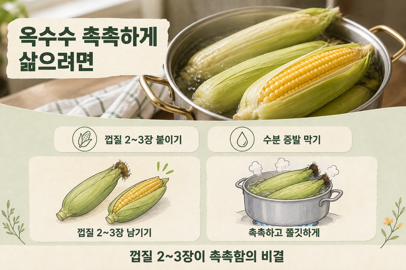 옥수수 촉촉하게 삶는 법, 껍질 2~3장 남겨 쫄깃함 살리는 방법