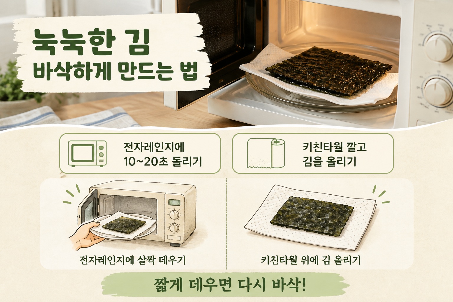 눅눅한 김 바삭하게 만드는 법 전자레인지 10~20초와 키친타월 활용 팁
