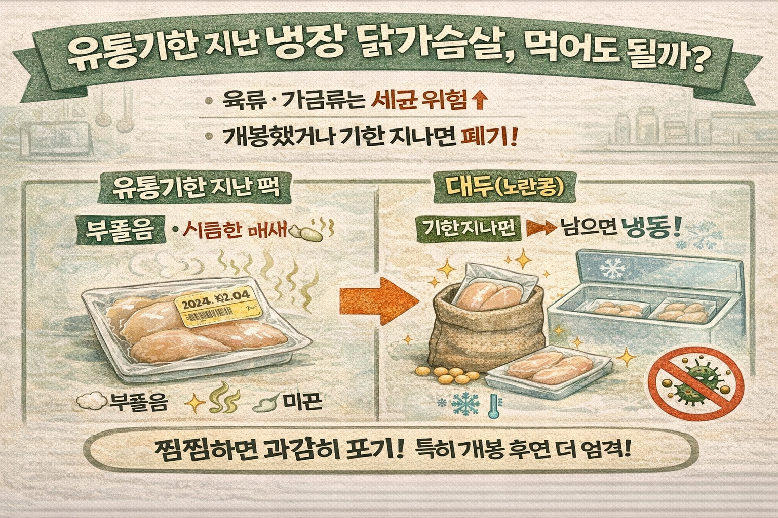 유통기한 지난 냉장 닭가슴살 먹어도 될까? 개봉했으면 하루도 위험(냄새·미끈거림·진공팽창 체크)
