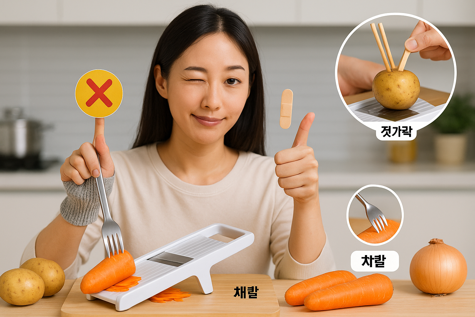 채칼 안전 팁: 맨손 대신 포크·젓가락으로 잡고 썰기