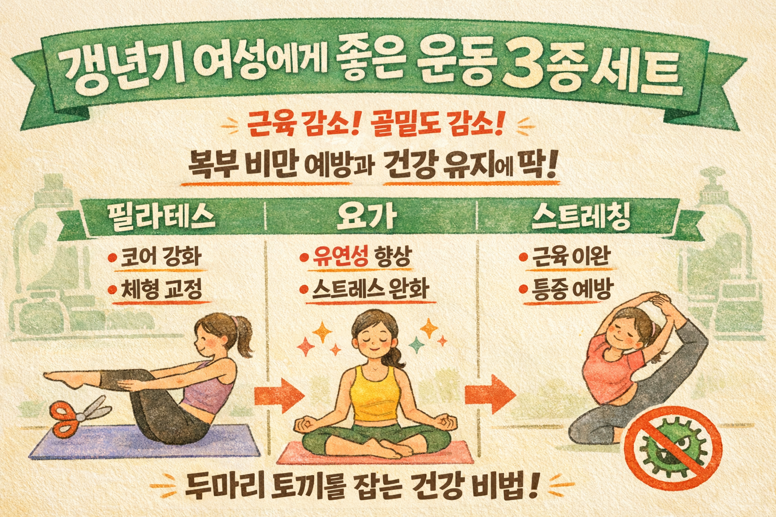 갱년기 여성 뱃살·허리통증 잡는 운동, 필라테스·요가·스트레칭이 좋은 이유