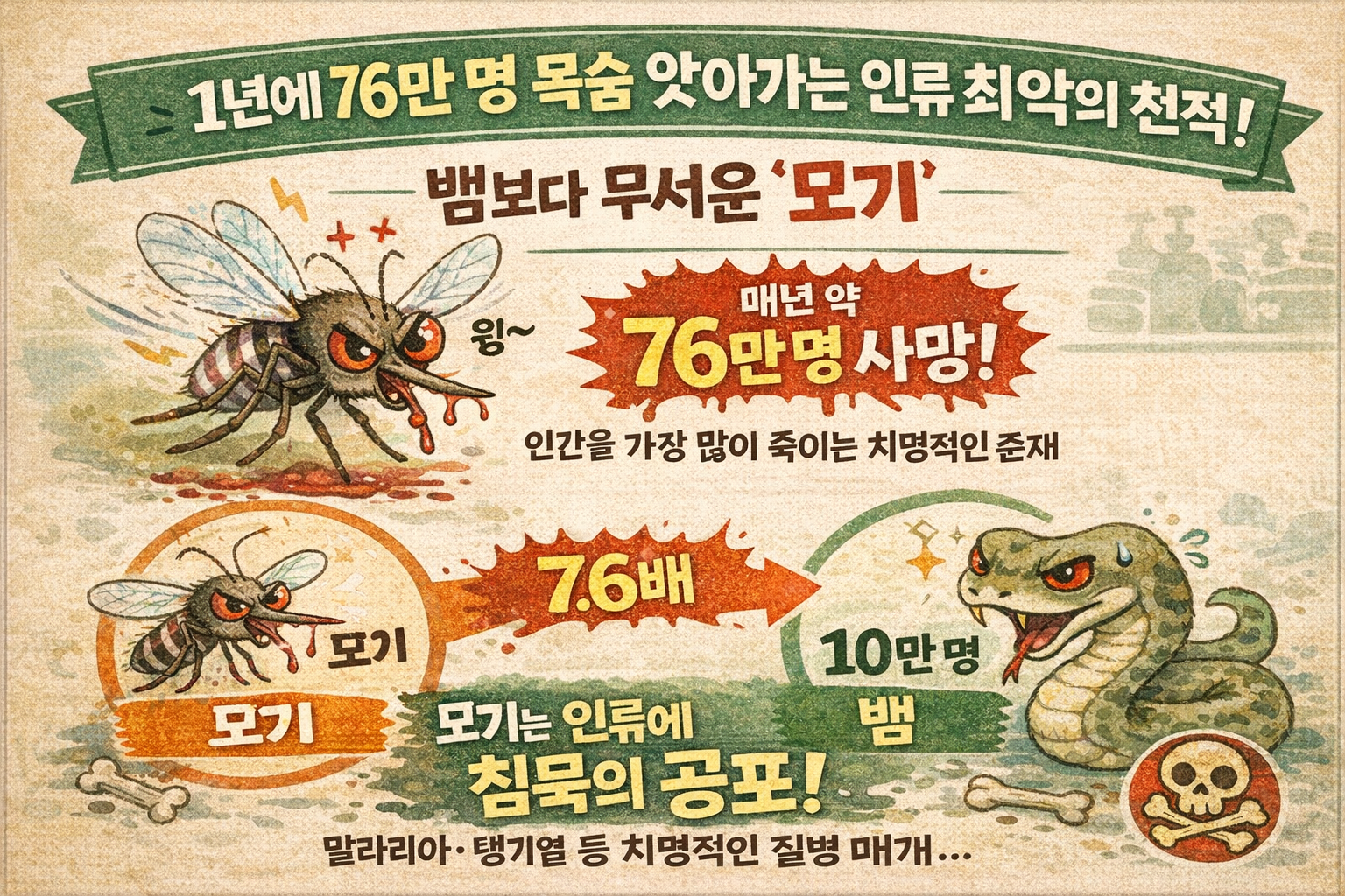 인간을 가장 많이 죽이는 동물 1위, 뱀보다 무서운 모기