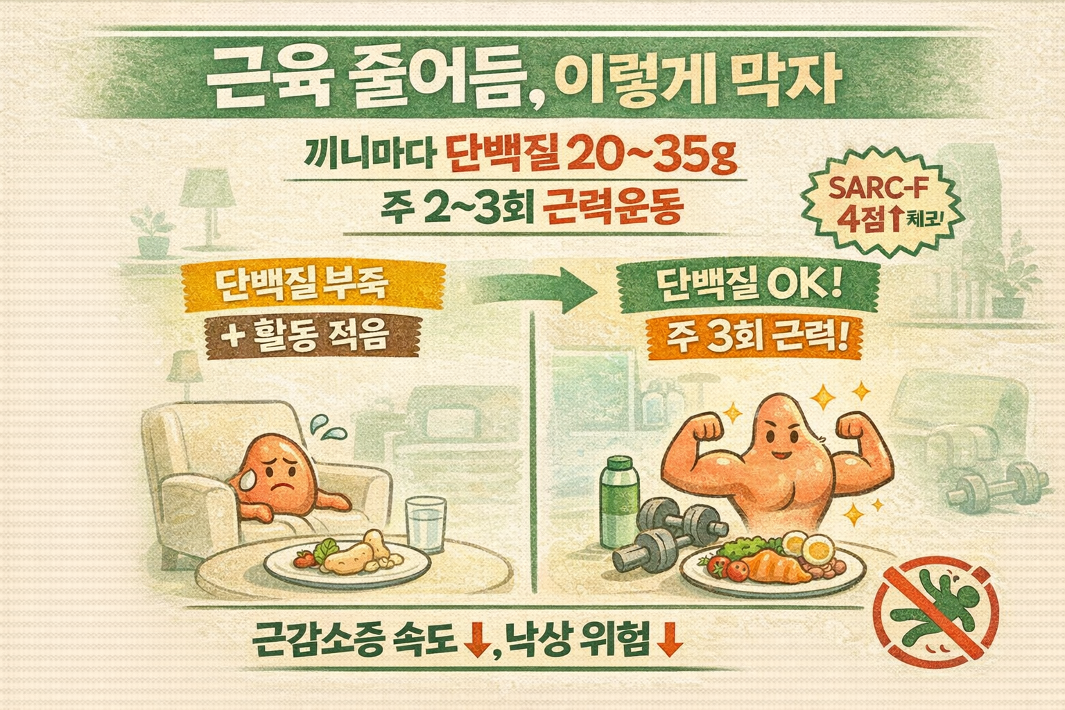 근육 줄어드는 속도 늦추는 법: 매끼 단백질 20~35g + 주 3회 근력운동(근감소증 SARC-F 체크)