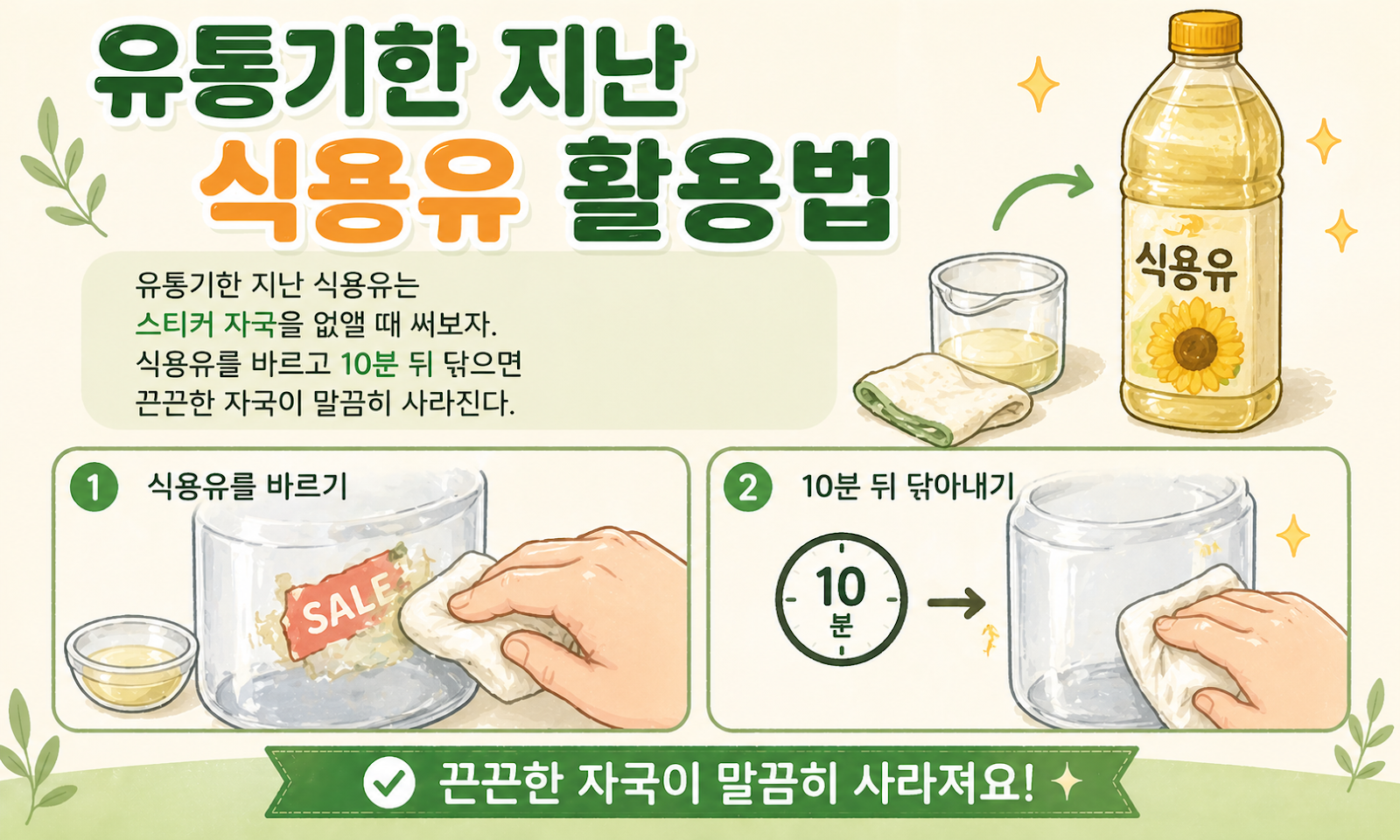 유통기한 지난 식용유 버리지 마세요, 스티커 자국 10분 만에 말끔히 사라집니다