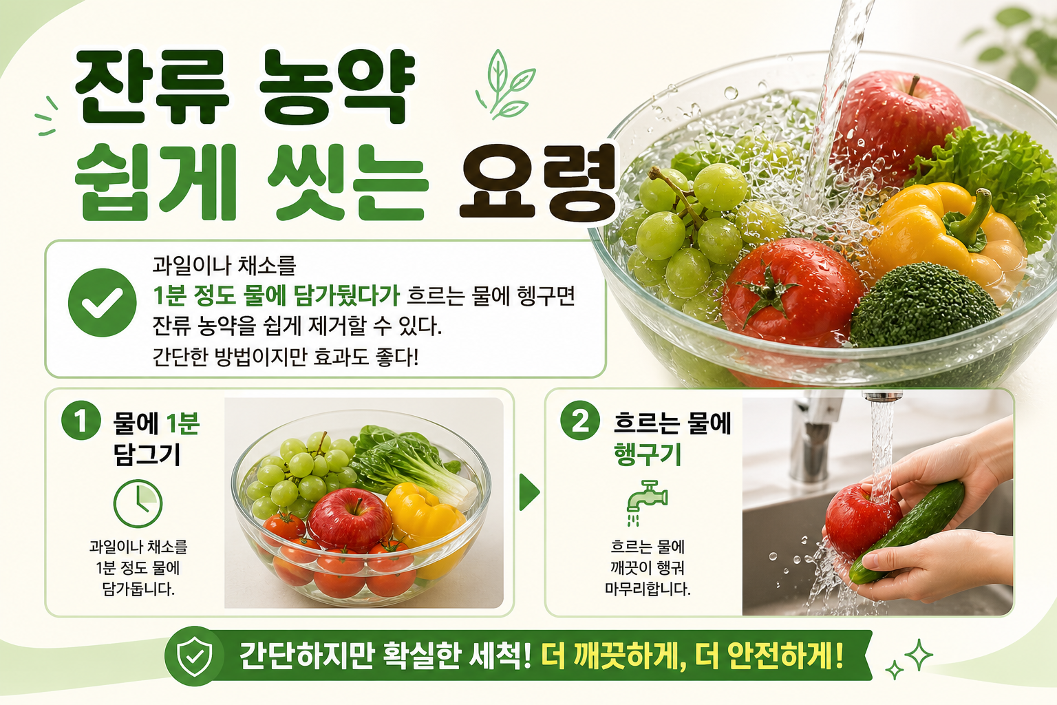 잔류 농약 쉽게 씻는 요령, 과일·채소 물에 담근 뒤 헹구면 더 잘 제거됩니다