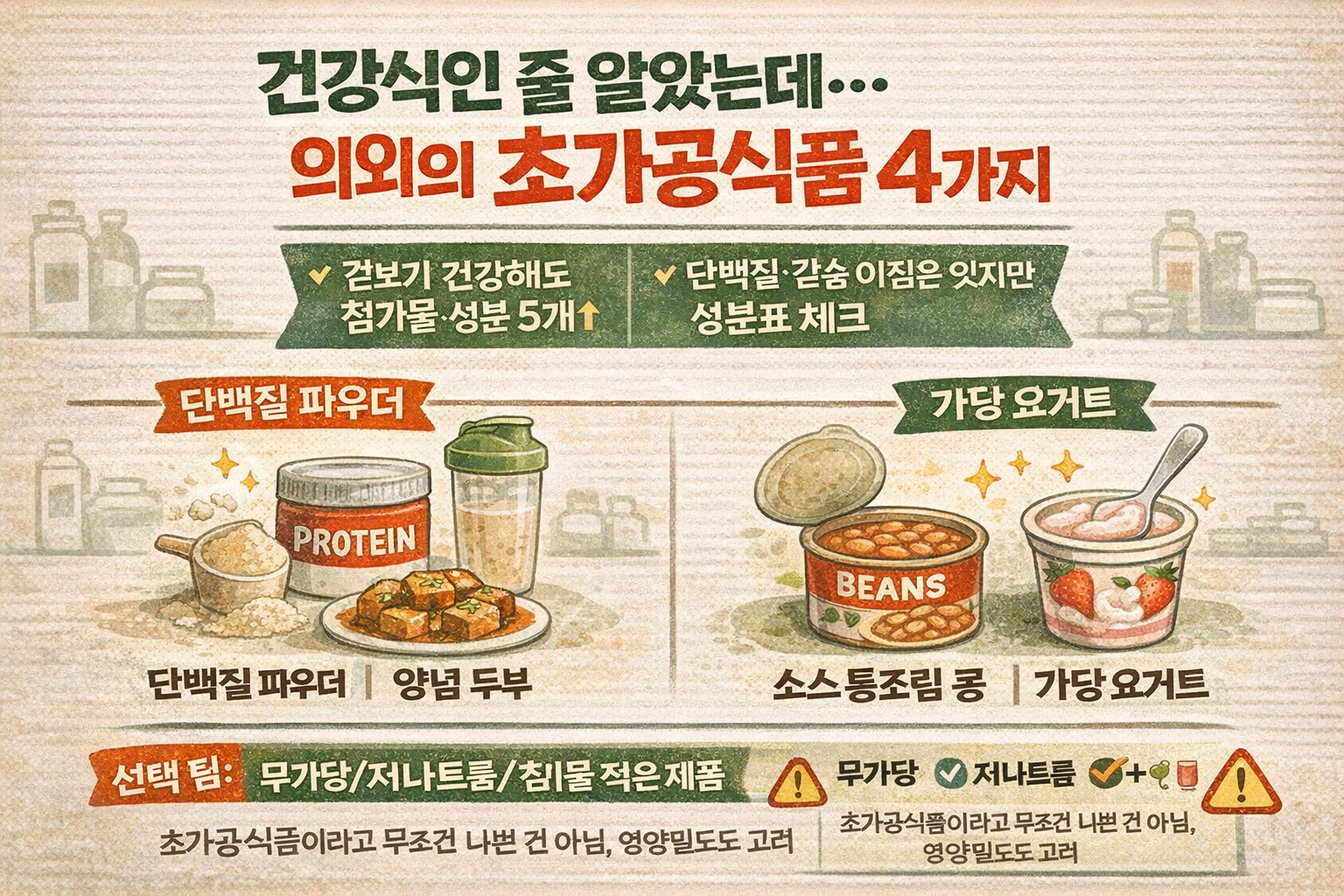 “건강식인 줄 알았는데 초가공식품?” 영양사가 꼽은 의외의 4가지(단백질파우더·양념두부·베이크드빈·가당요거트)
