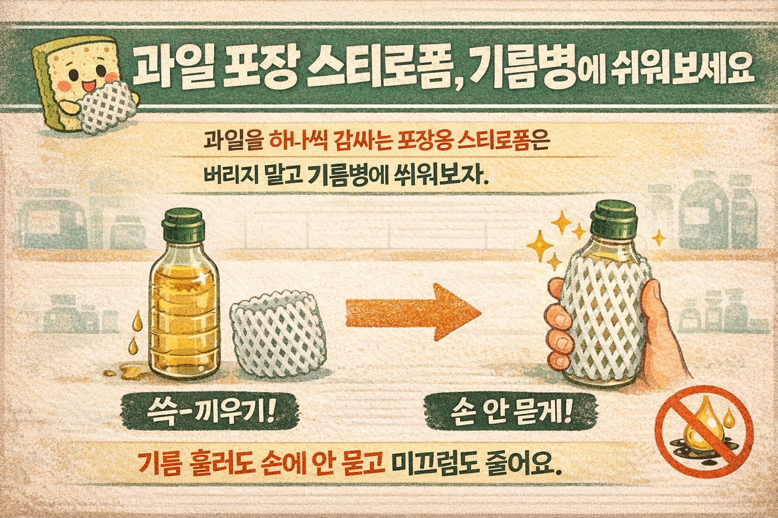 버리던 과일 포장 스티로폼, 기름병에 씌워보세요! 미끄럼 방지+기름 흘림 해결 재활용 꿀팁