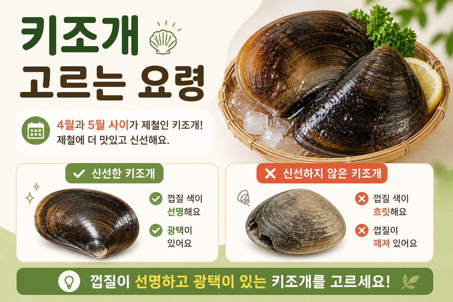 키조개 고르는 요령, 4~5월 제철엔 껍질 색·광택·깨짐부터 보세요