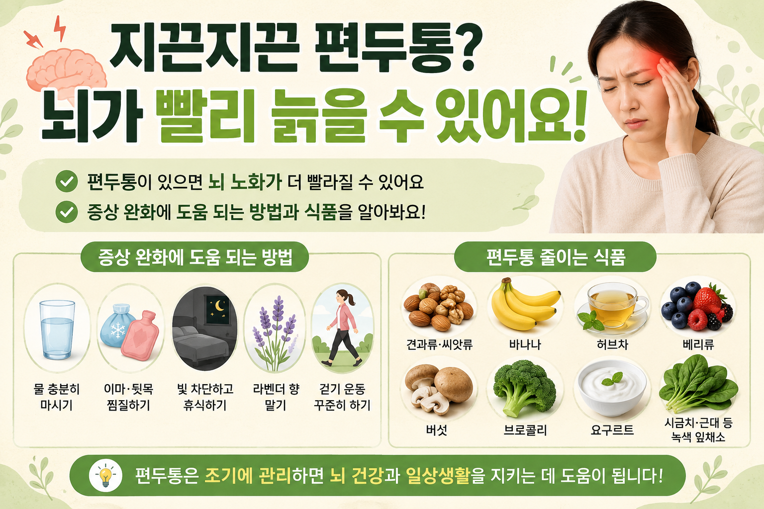 편두통 방치하면 뇌가 빨리 늙는다? 증상 완화법과 도움 되는 음식