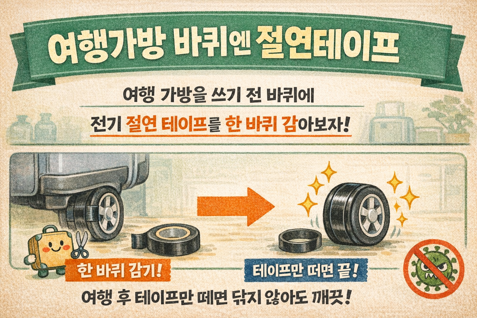 여행 전 캐리어 바퀴에 절연테이프 한 바퀴, 돌아와도 청소 필요 없는 꿀팁