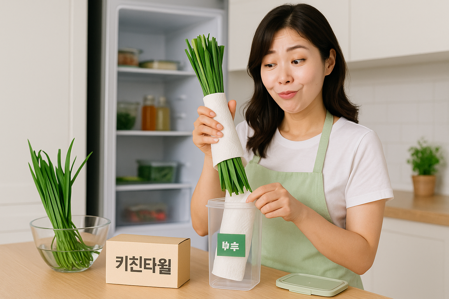 부추 오래 신선하게 보관하는 법: 씻지 말고 키친타월로 감싸 세워 냉장