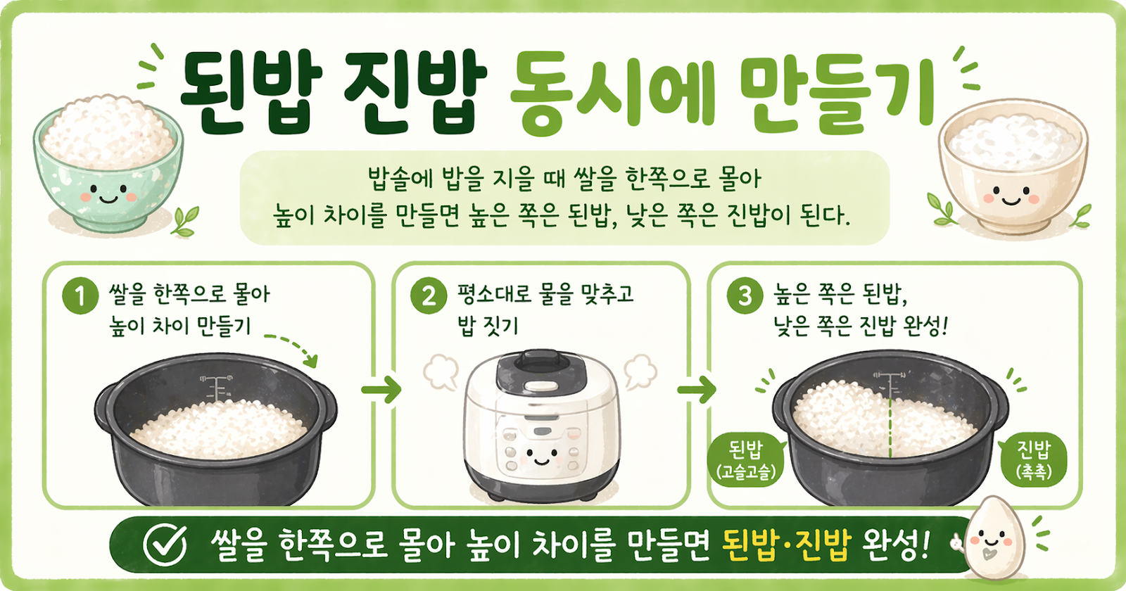 된밥 진밥 동시에 만드는 법, 밥솥에 쌀 한쪽으로 몰면 한 번에 해결
