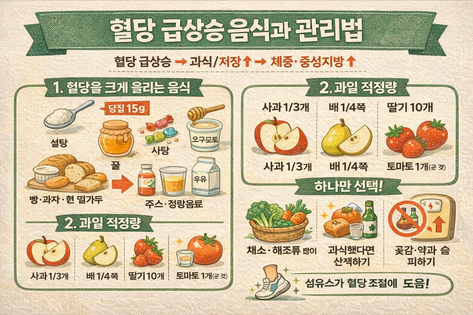 혈당 확 올리는 음식들: 설탕·주스·빵·과일까지, 체중이 늘어나는 이유