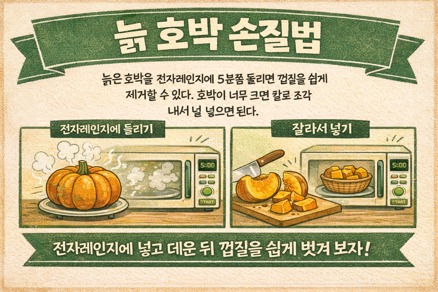 늙은 호박 손질법, 전자레인지 5분이면 껍질 쉽게 벗긴다