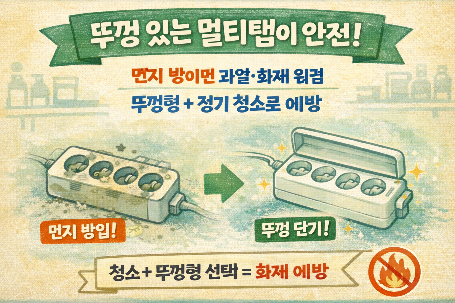 멀티탭 화재 예방 2가지: 플러그 구멍 먼지 청소 + 뚜껑 있는 멀티탭 선택