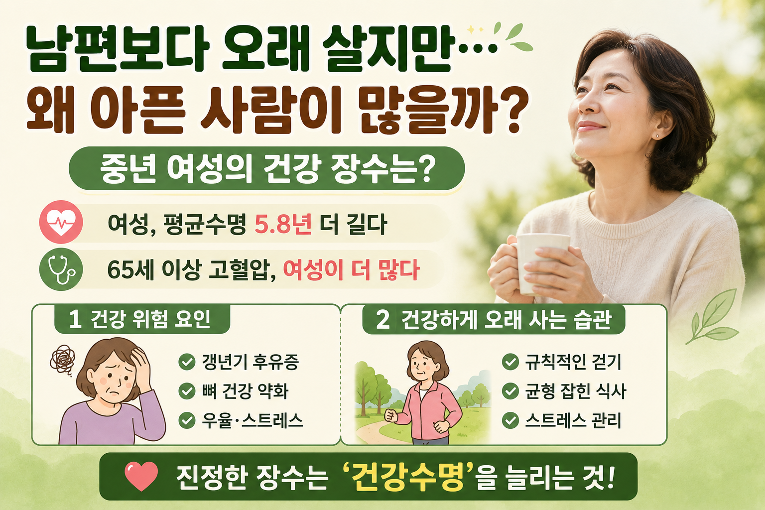 남편보다 오래 살지만 병든 노년? 중년 여성 건강수명 갱년기부터 갈린다