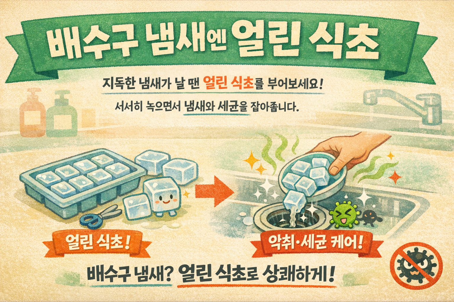 배수구 냄새 제거 꿀팁: 얼린 식초로 주방·화장실 악취 싹 잡는 방법
