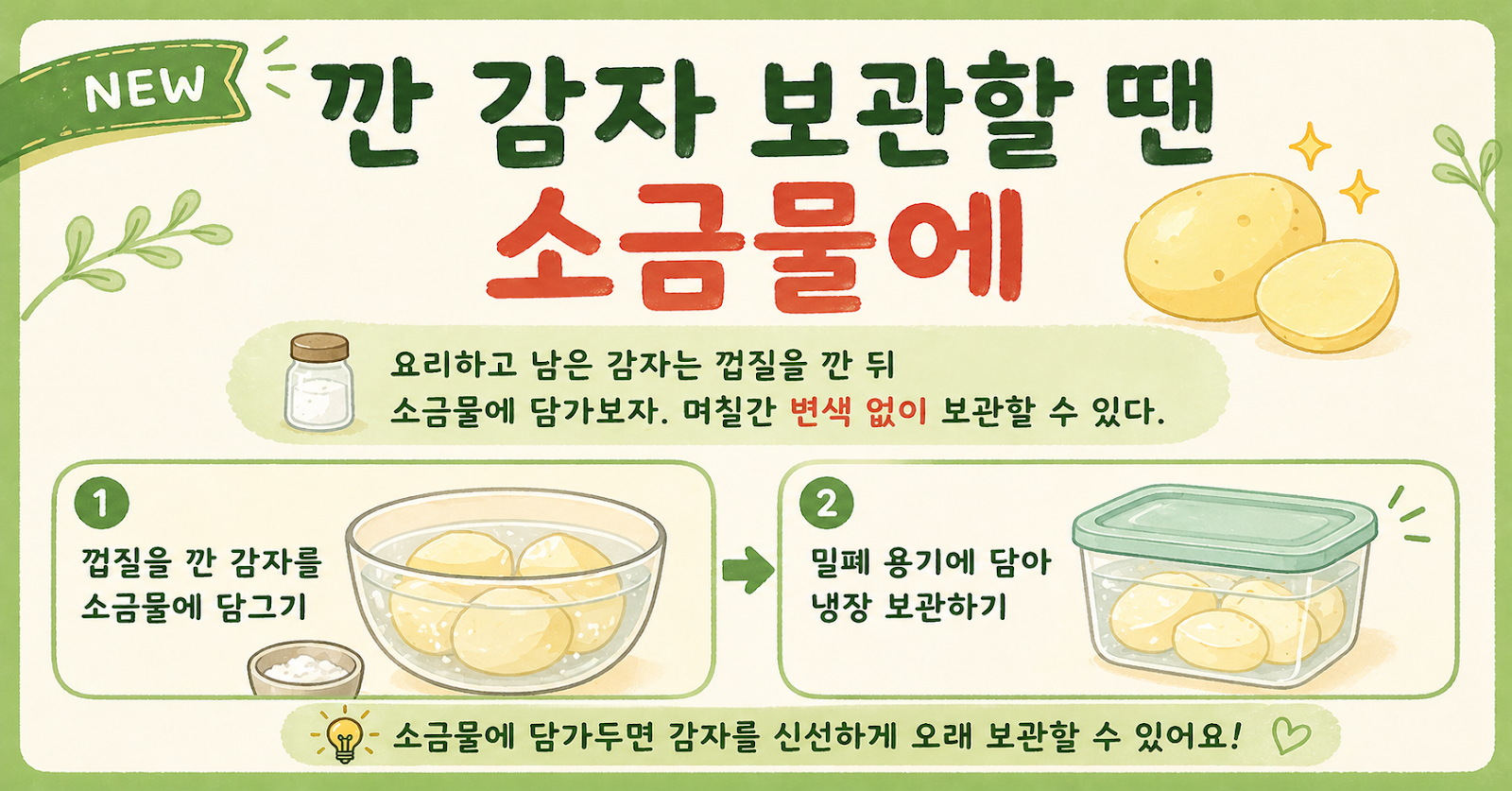 깐 감자 보관법, 소금물에 담가야 변색 없이 오래 간다