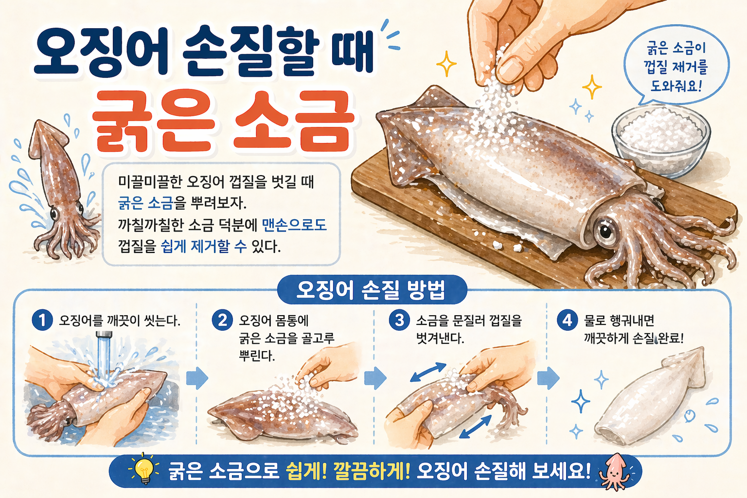 오징어 손질할 때 굵은 소금, 그냥 뿌리는 게 아닙니다…미끌한 껍질 쉽게 벗기는 방법