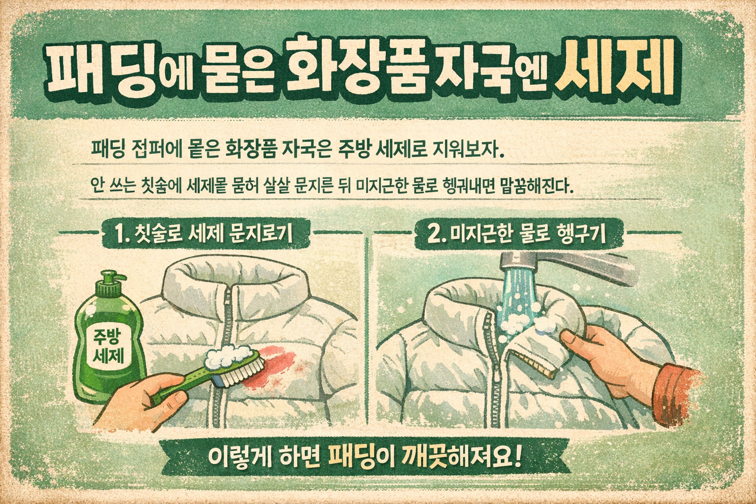 패딩에 묻은 화장품 자국, 주방 세제와 칫솔로 말끔하게 지우는 법
