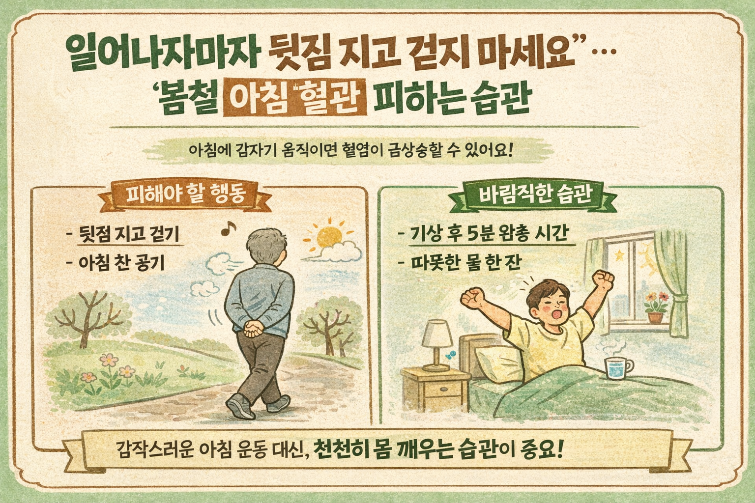 일어나자마자 뒷짐 걷기 금지…봄철 아침 혈압·혈관 부담 줄이는 5분 습관