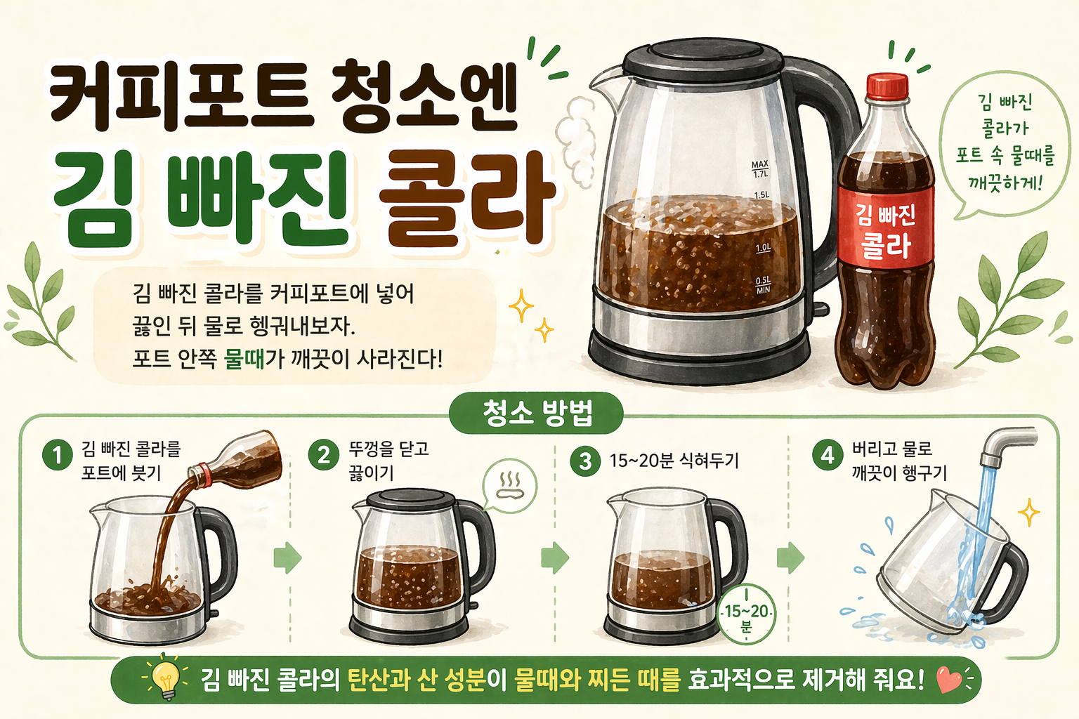 김 빠진 콜라, 버리지 마세요…커피포트 물때 깨끗이 지우는 뜻밖의 청소법