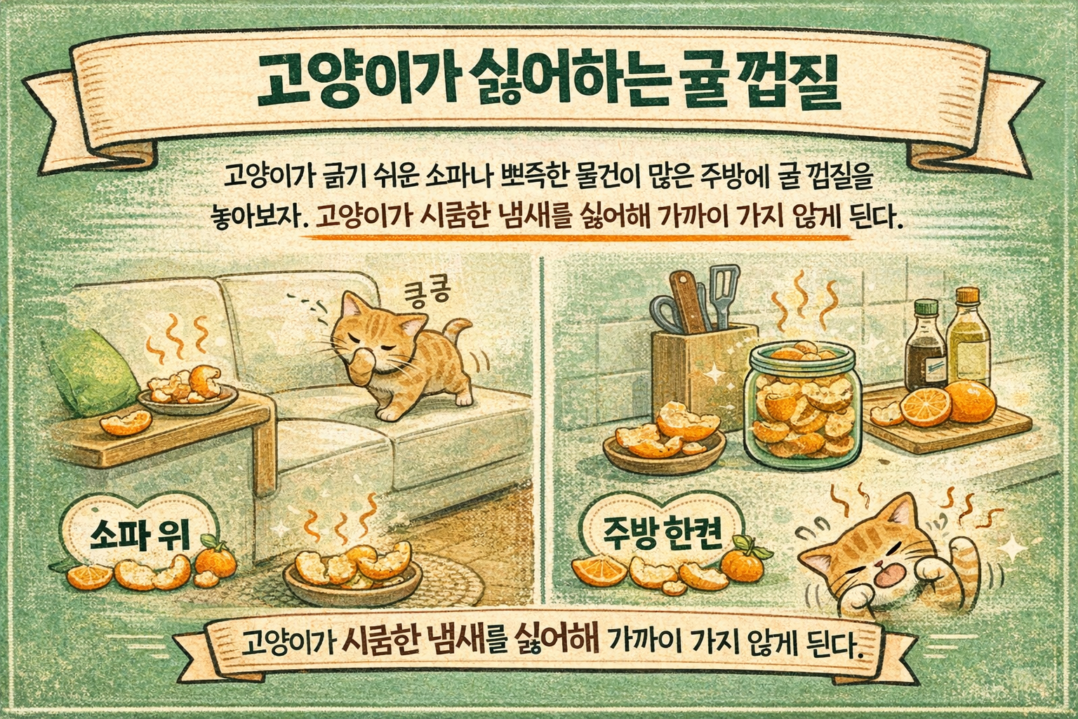 고양이가 싫어하는 귤 껍질 냄새, 소파와 주방 접근 줄이는 생활 팁