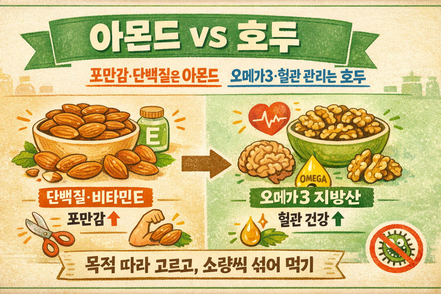 아몬드 vs 호두, 뭐가 더 좋을까? 다이어트·혈관건강·중년 건강 기준 완전정리