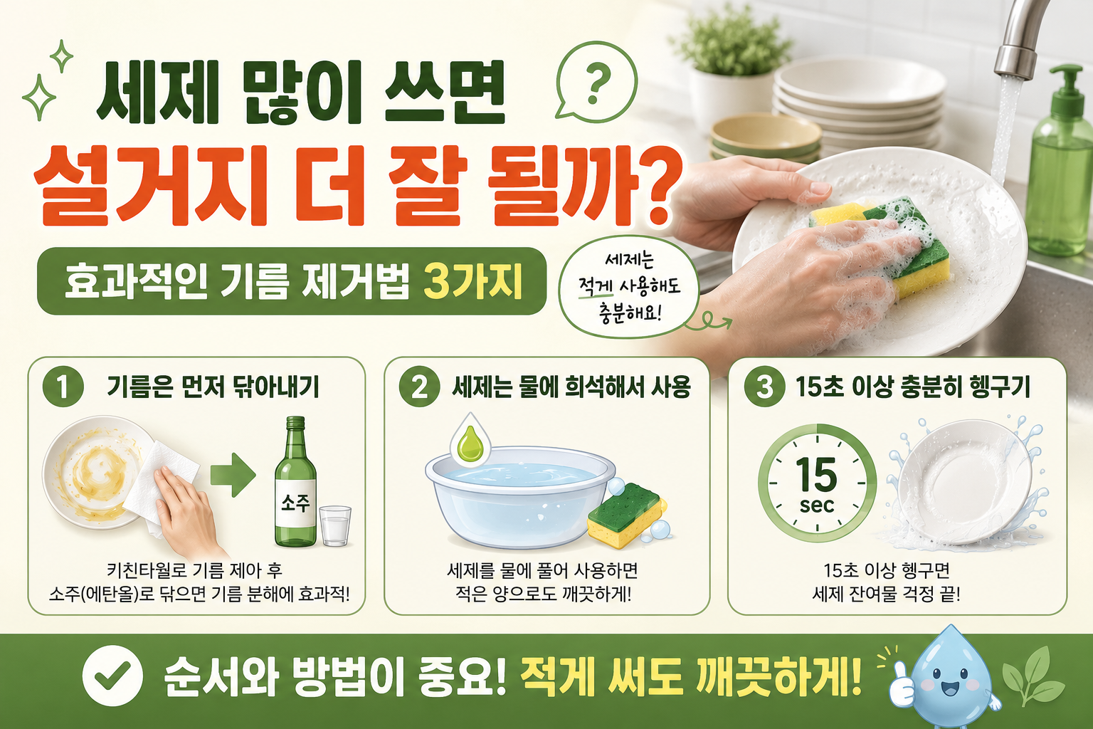 세제 많이 쓰면 더 깨끗할까? 기름때 설거지 제대로 하는 3가지 방법