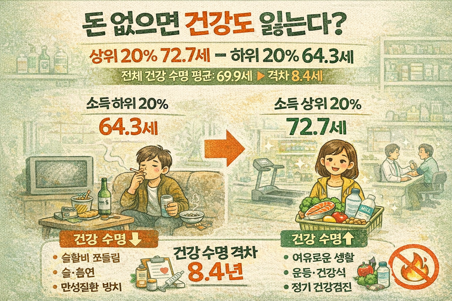 소득 따라 건강수명 8.4년 격차…상위 20% 72.7세 vs 하위 20% 64.3세(2022)