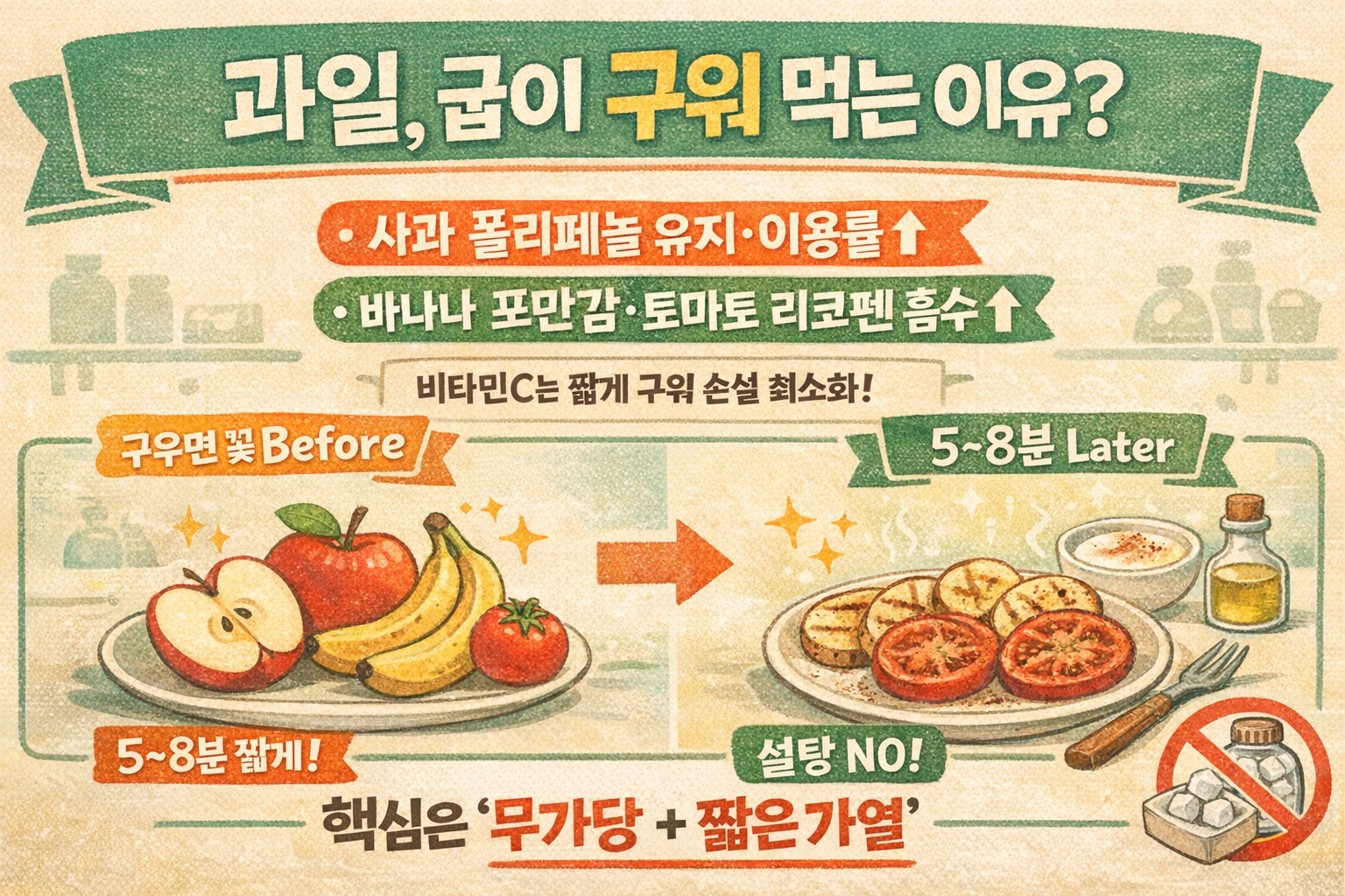 : 사과 폴리페놀·바나나 포만감·토마토 리코펜 흡수율(무가당 5~8분)
